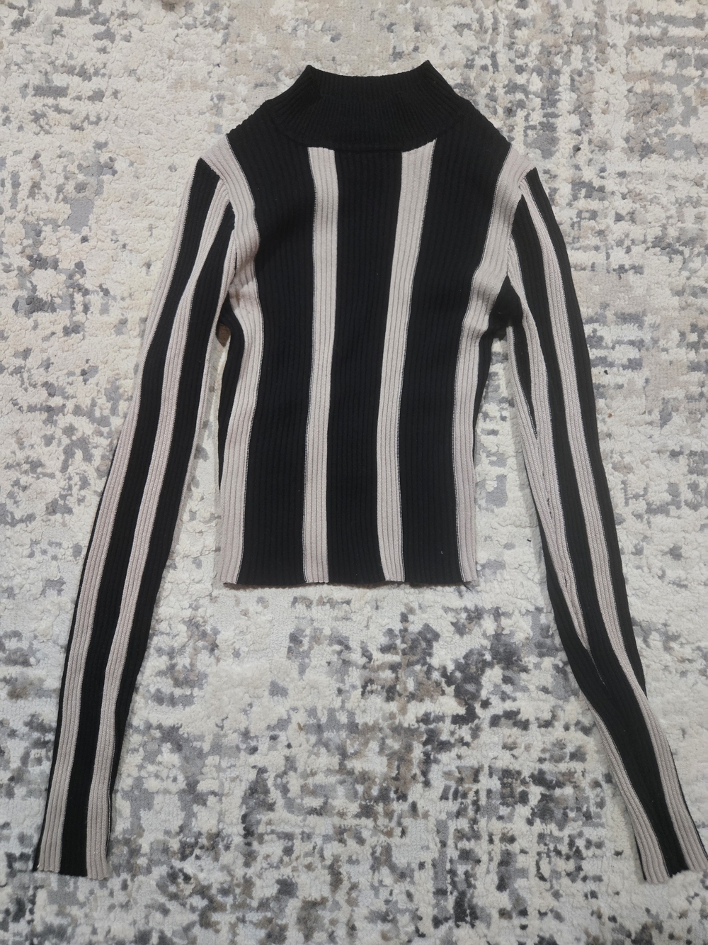 Striped Black & Cream Ribbed Turtleneck Top - Women